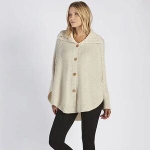 UGG Maribeth White Button Front Ribbed Cable Knit Wool Cape Sweater XS/S